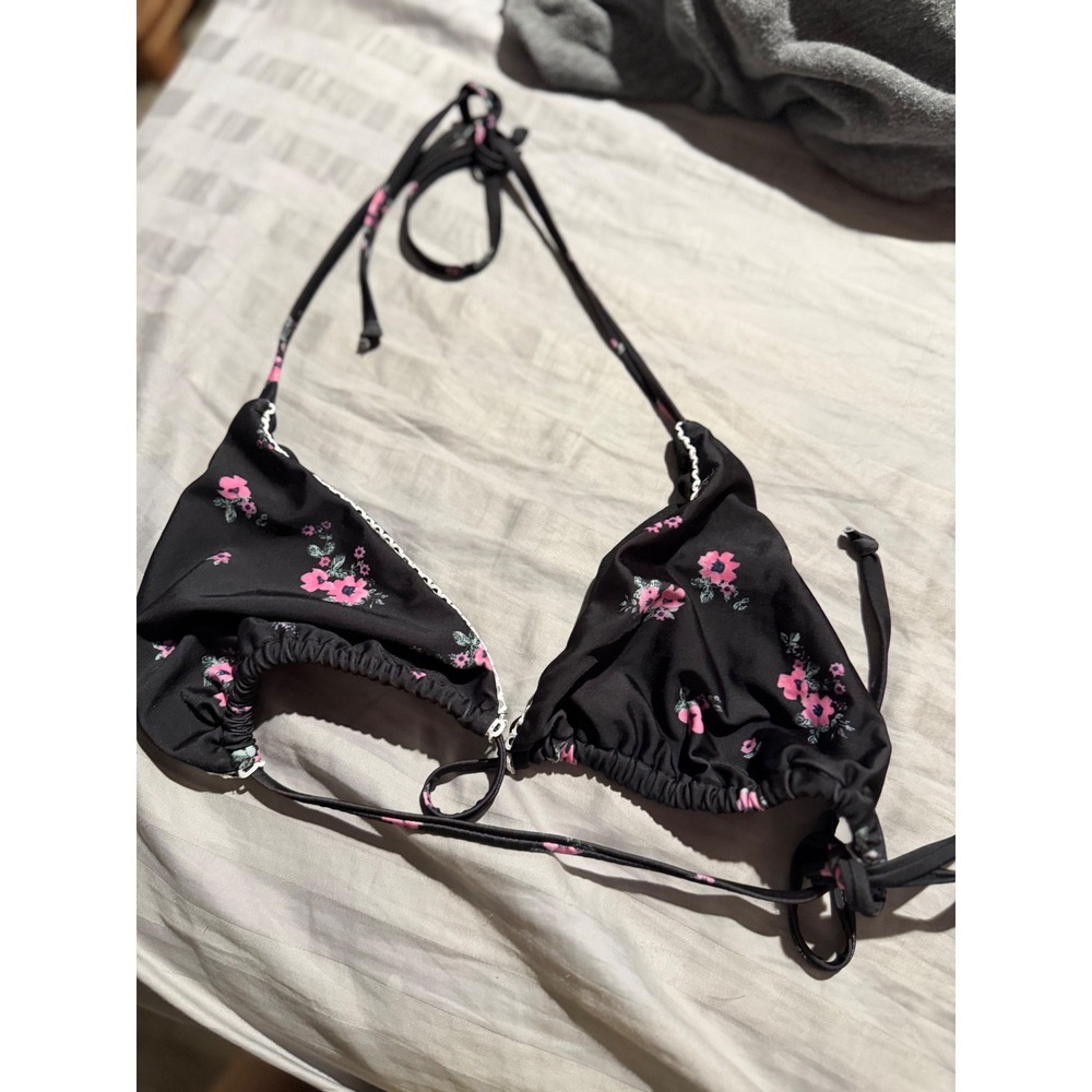 Black Pink Floral Triangle Bikini Set Scalloped Trim Halter Side Tie Medium